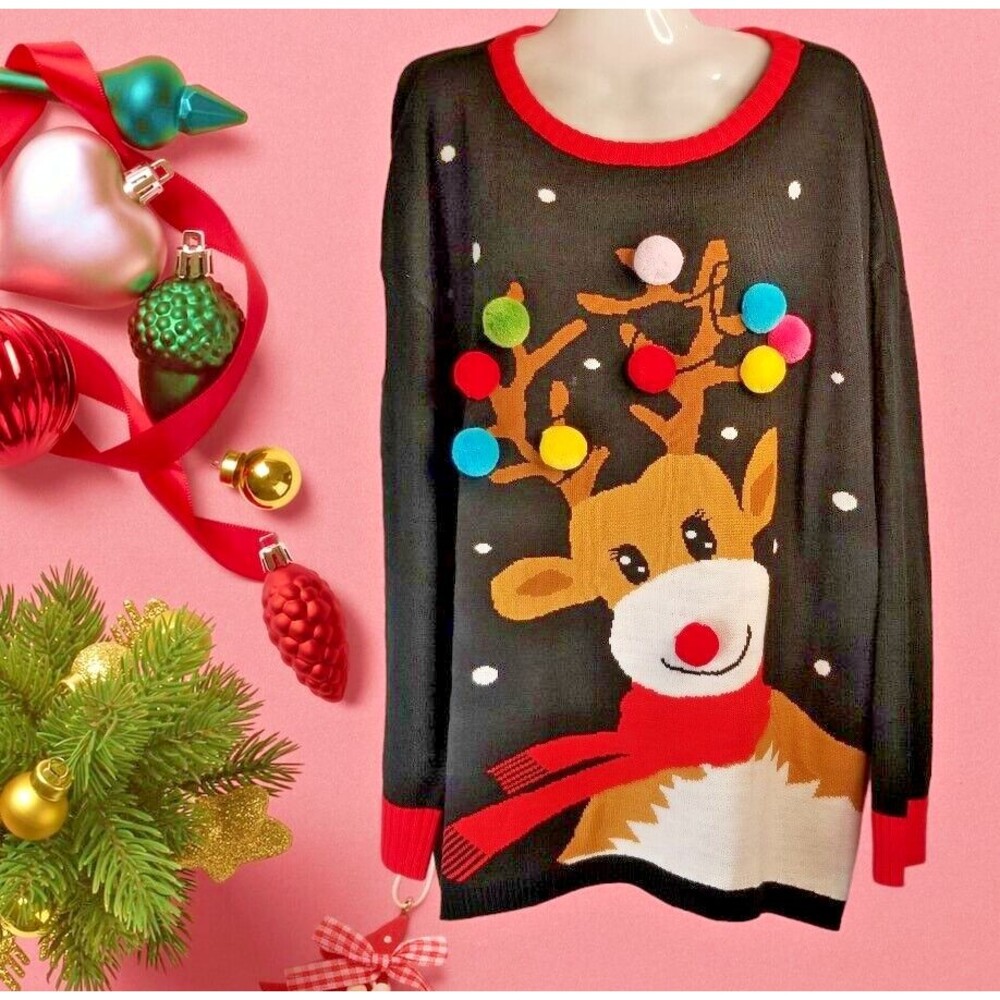 Women's Knit Sweater Reindeer Holiday  3-D Pom-Poms Ugly Cute Sweater Size XXXL